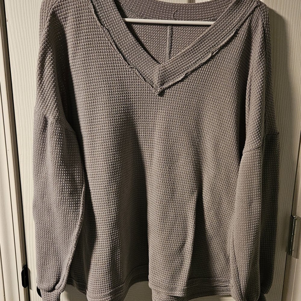 Gray V-Neck Waffle Knit Sweater